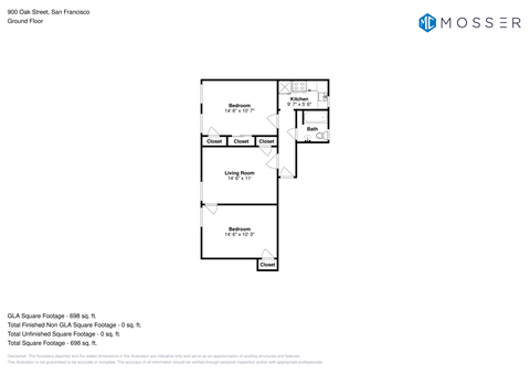 Floor plan for 2 beds, 1 bath, 770 sqft